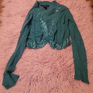 Girl's Dark Green, Long Sleeve, Crop Cardigan with sequins in middle & on sides